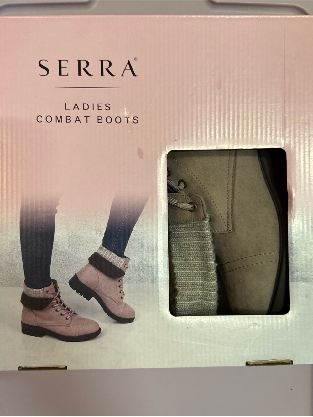 Serra Ladies Combat Boots in Taupe with Knit Cuff